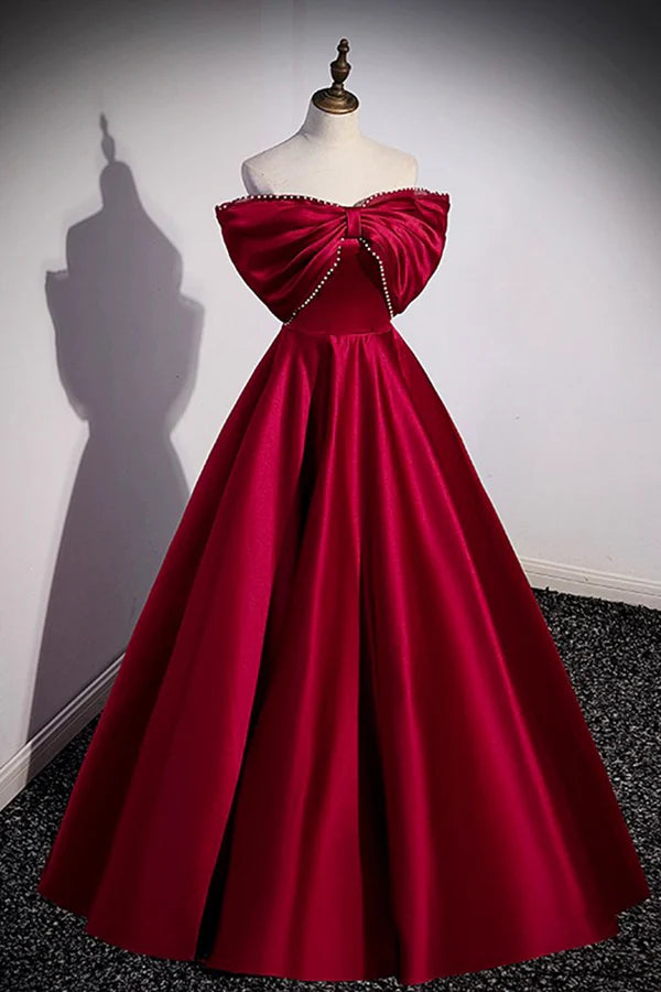 Wholesale Burgundy Satin Floor Length Prom Dress A-Line Off the Shoulder Evening Party Dress